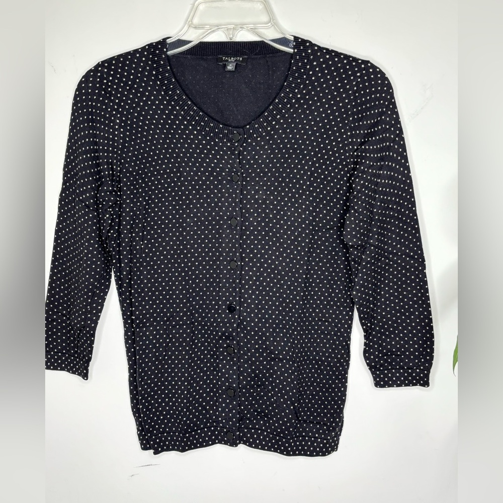 BN9 Talbots Womens Cardigan Sweater Black White Polka Dot Button Down Knit XS